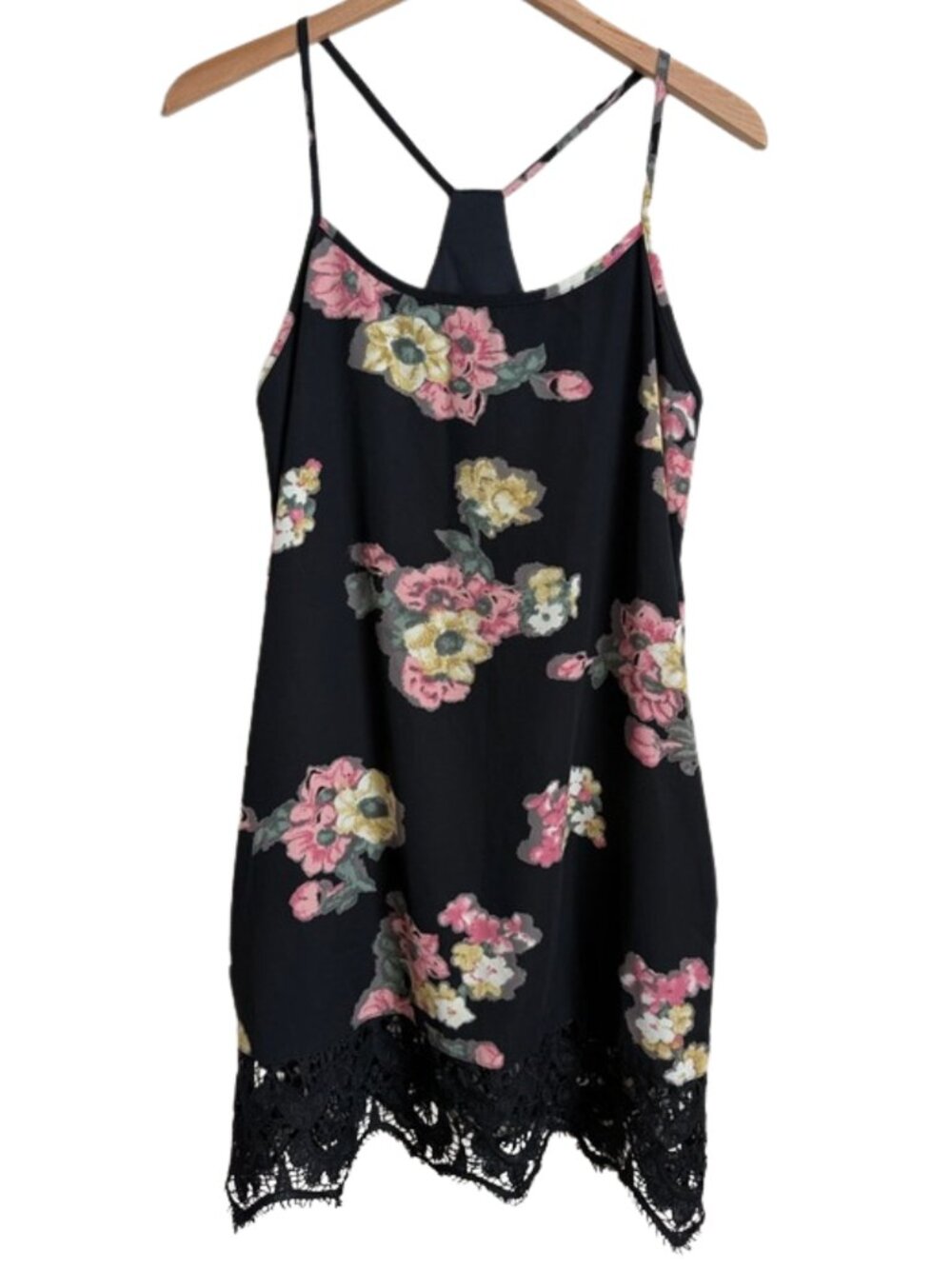 VOOM by Joy Han Black Floral Lace Trim Mini Dress Small T-Back Whimsigoth Black